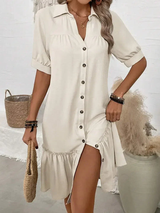 Novessa – Button-Down Ruffle Hem Shirt Dress