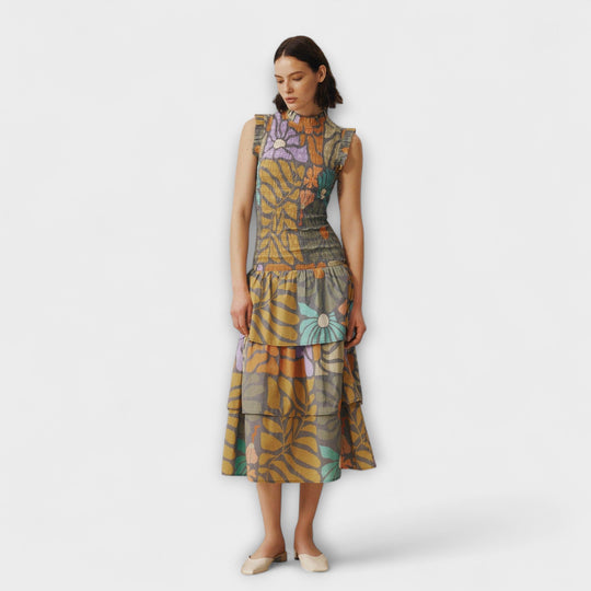 Yenora – Midi Dress with Smocked Bodice and Tiered Skirt