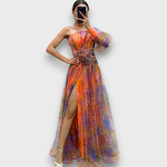 Aurielle – Asymmetrical Maxi Dress with Floral Transparency