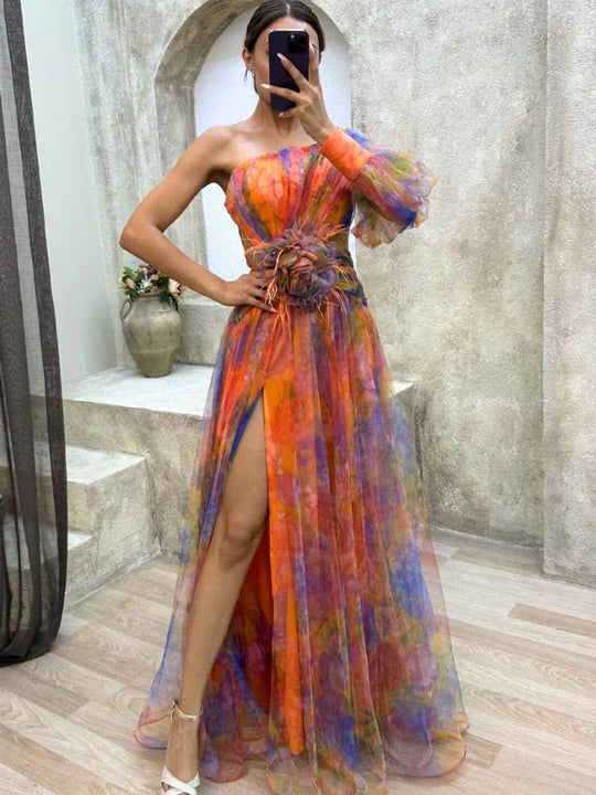 Aurielle – Asymmetrical Maxi Dress with Floral Transparency
