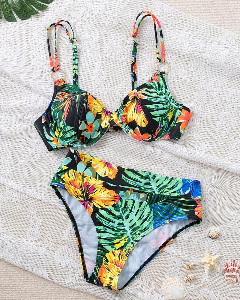 Regina – Tropical Garden High-Waist Bikini Set