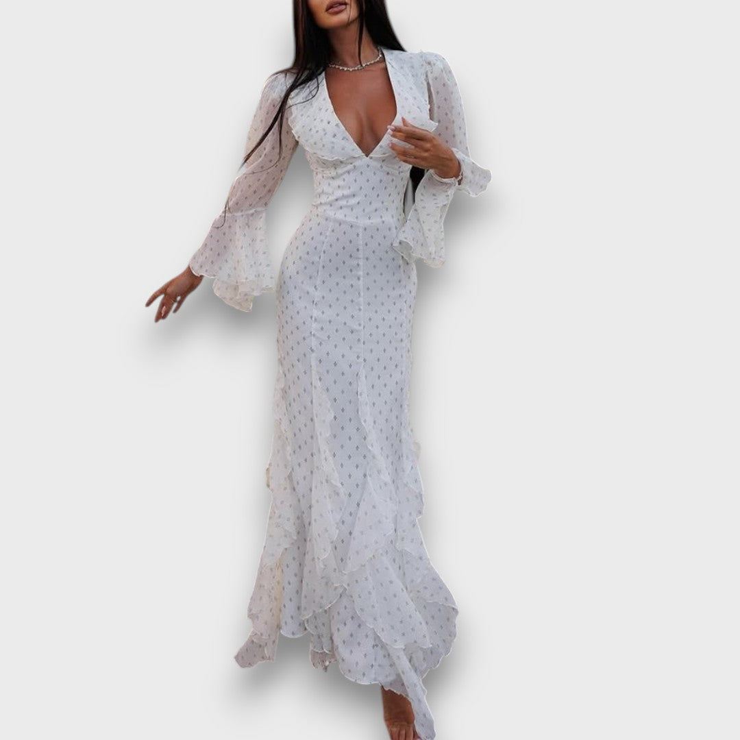 Avenea – Elegant Maxi Dress with Ruffles and V-Neck