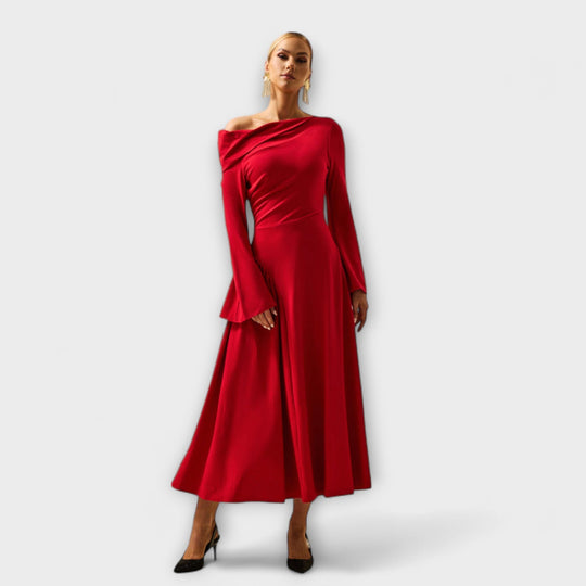 Amarisse – Draped Midi Dress with Shoulder Accent