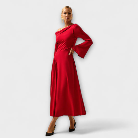 Amarisse – Draped Midi Dress with Shoulder Accent