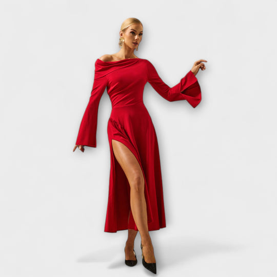 Amarisse – Draped Midi Dress with Shoulder Accent