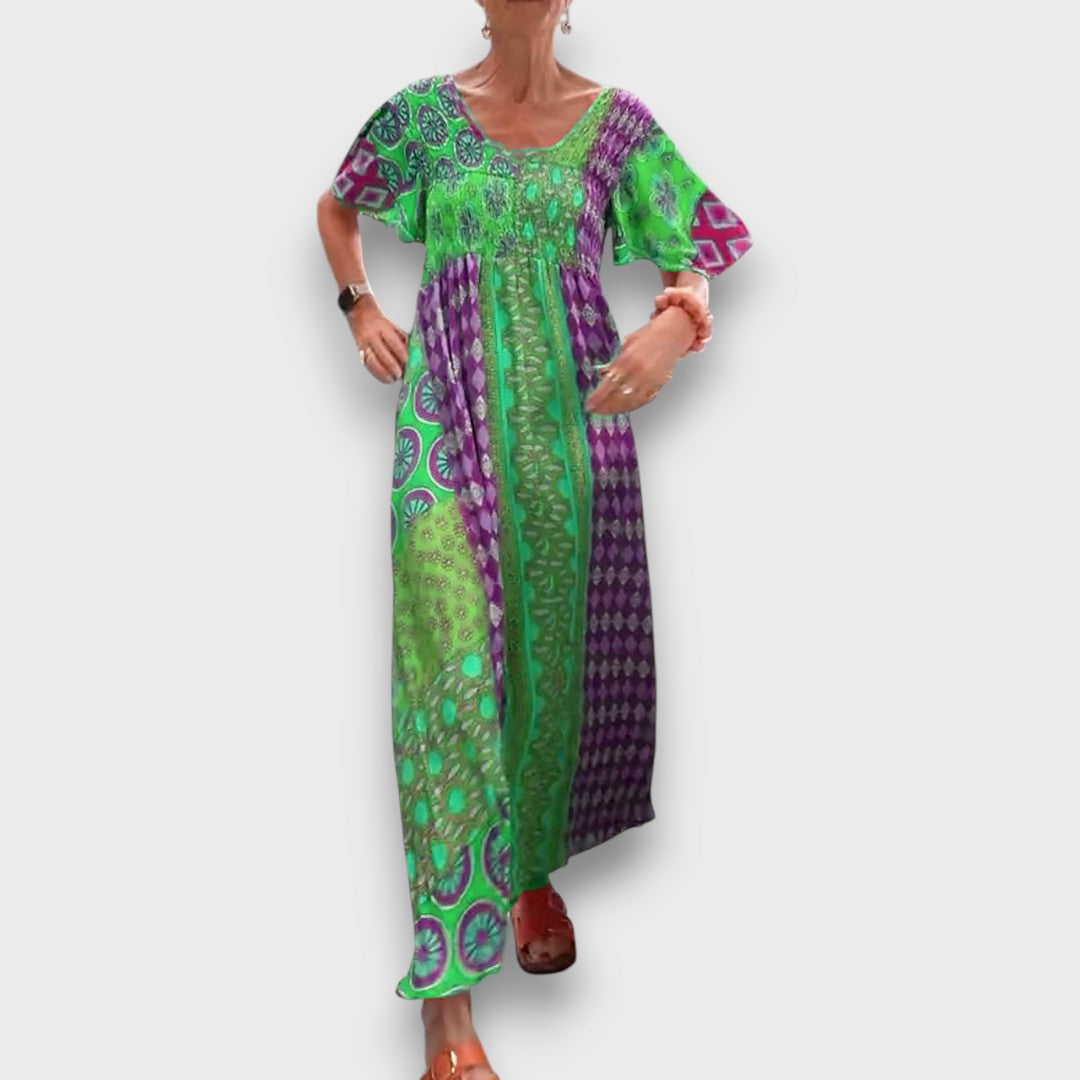 Elisara – Colorful Boho Maxi Dress with Shirring Details