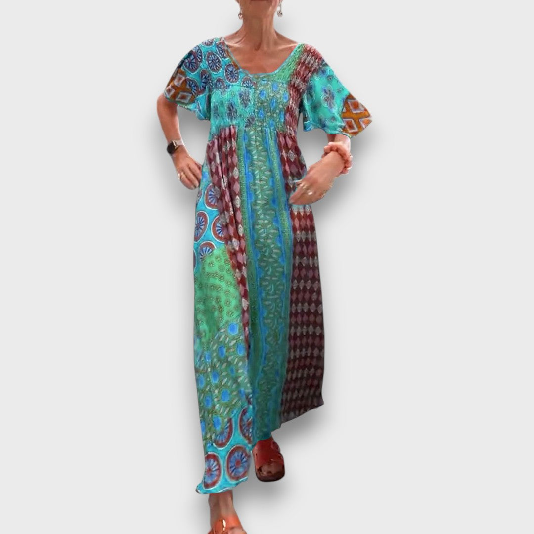 Elisara – Colorful Boho Maxi Dress with Shirring Details