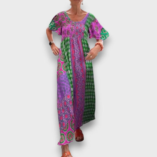 Elisara – Colorful Boho Maxi Dress with Shirring Details