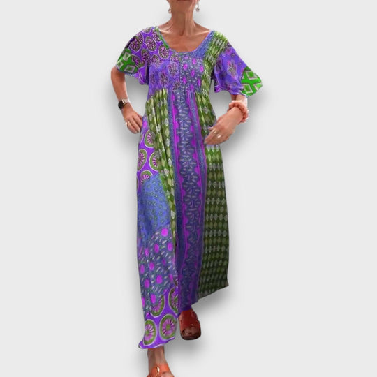 Elisara – Colorful Boho Maxi Dress with Shirring Details