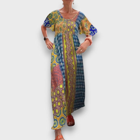 Elisara – Colorful Boho Maxi Dress with Shirring Details