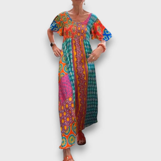 Elisara – Colorful Boho Maxi Dress with Shirring Details