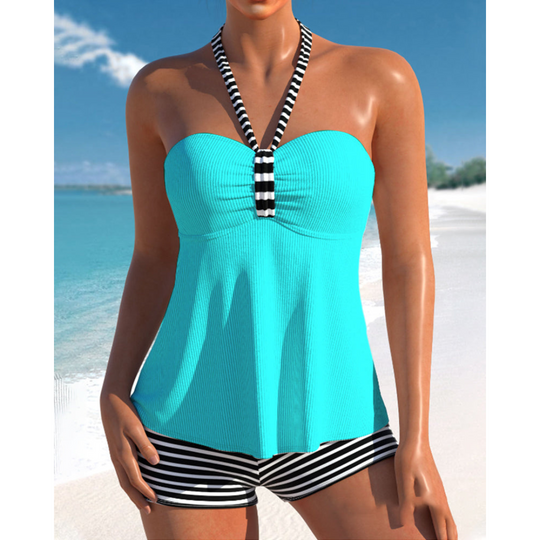 Babette  – Halter Stripe Trim Tankini Set