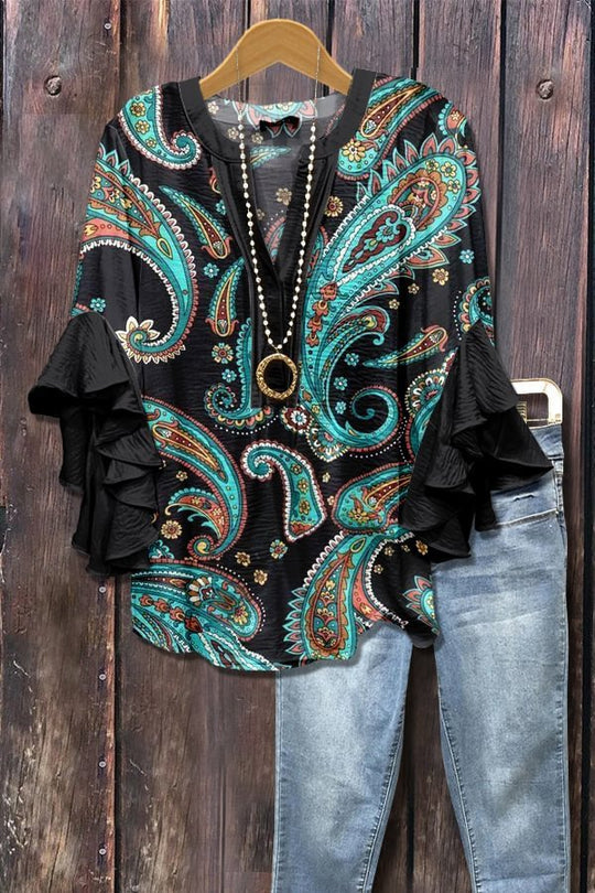 Zainab – Boho Paisley Ruffle Sleeve Blouse for Women