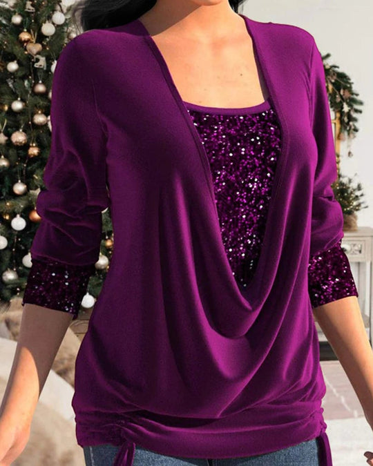 Celiva – Sequin Drape-Layered Elegance Top