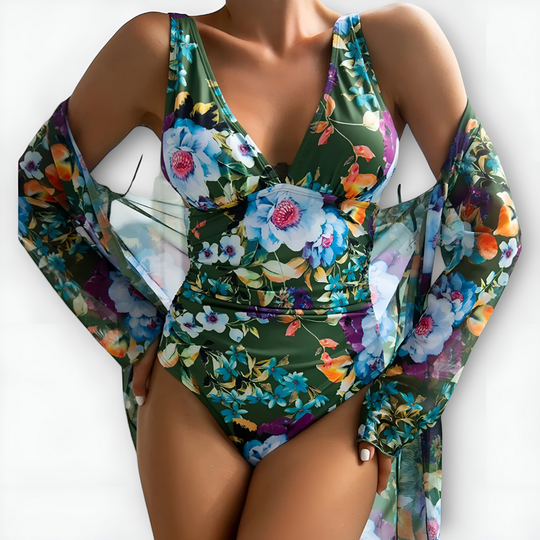 Githa– Floral Mesh Cover-Up Swimsuit Set for Women