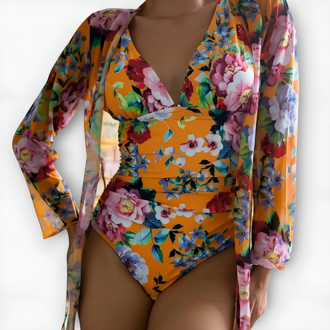 Githa– Floral Mesh Cover-Up Swimsuit Set for Women