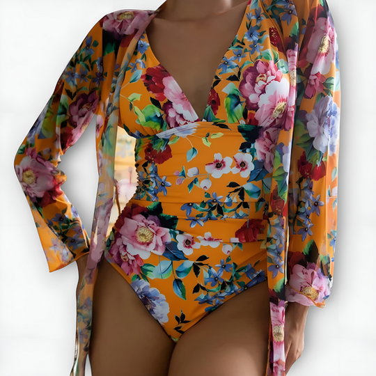 Githa– Floral Mesh Cover-Up Swimsuit Set for Women