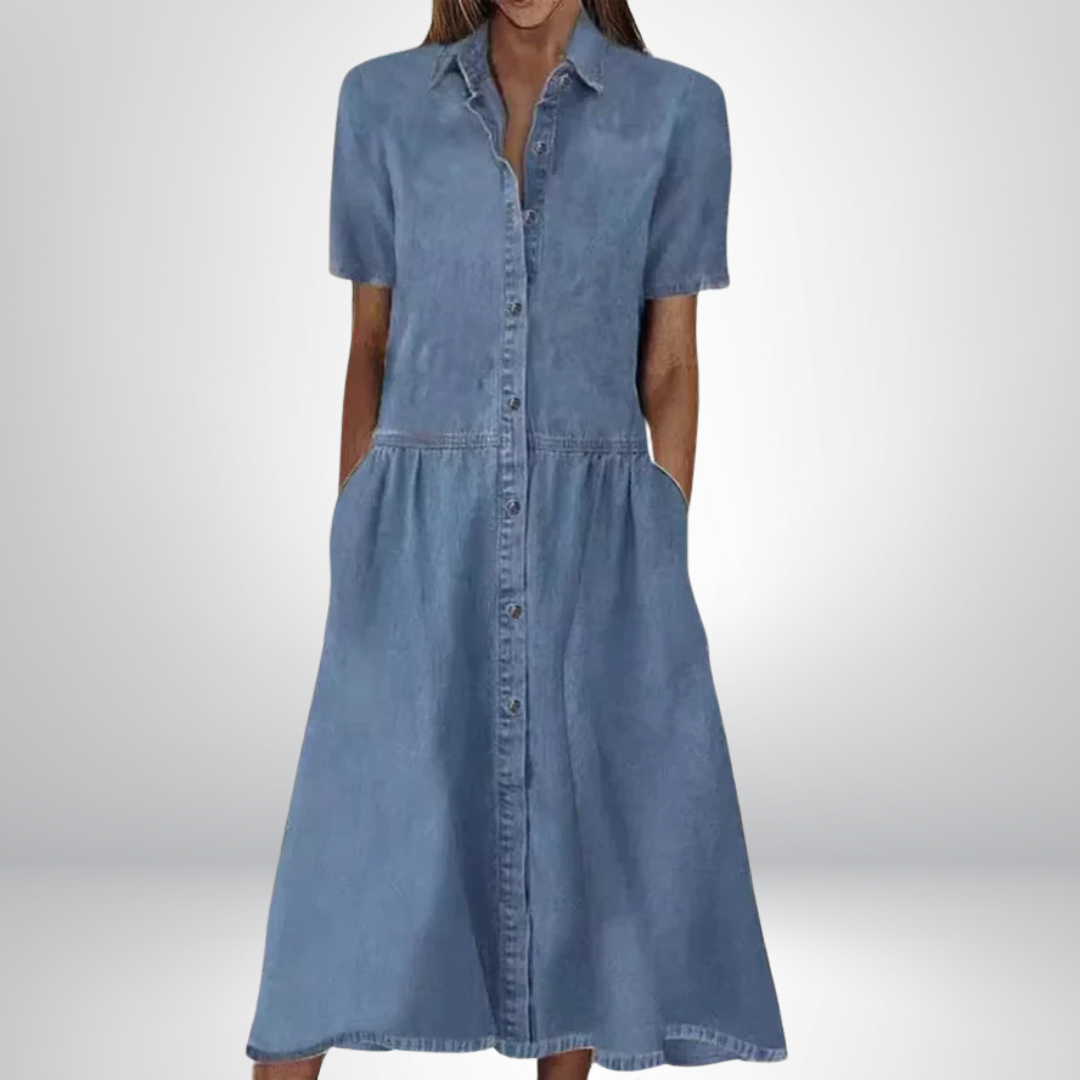 Valleria – Short Sleeve Button-Down Midi Denim Dress for Women