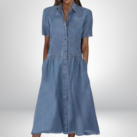 Valleria – Short Sleeve Button-Down Midi Denim Dress for Women