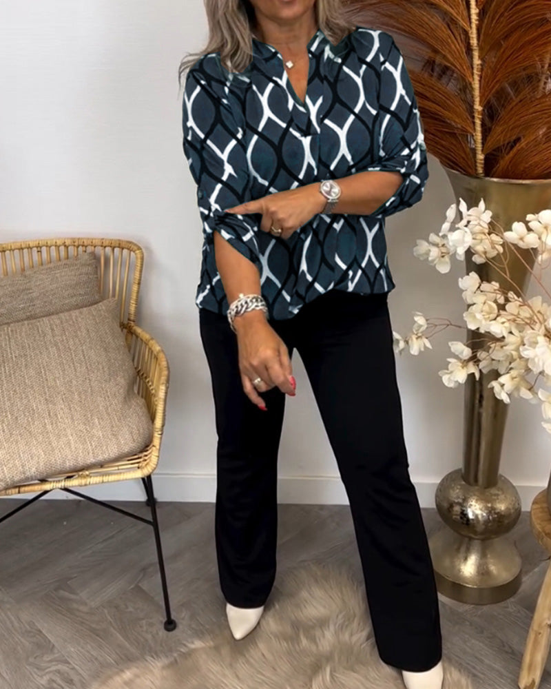 Embeth – Geometric Print V-Neck Blouse for Women