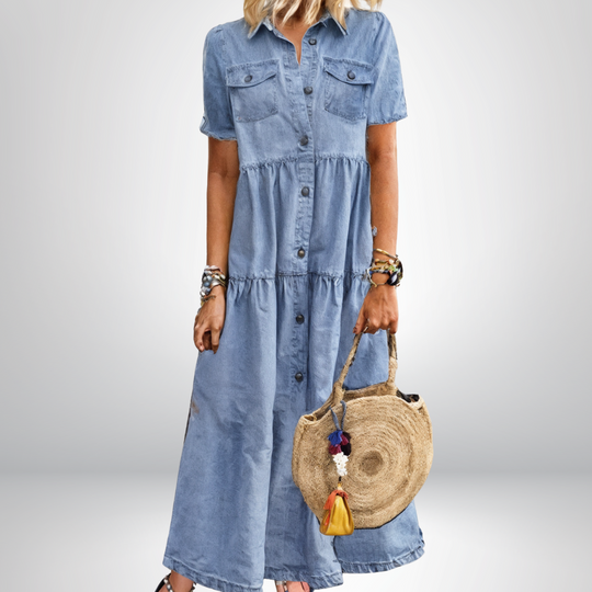 Halyna – Tiered Button-Down Maxi Denim Dress for Women