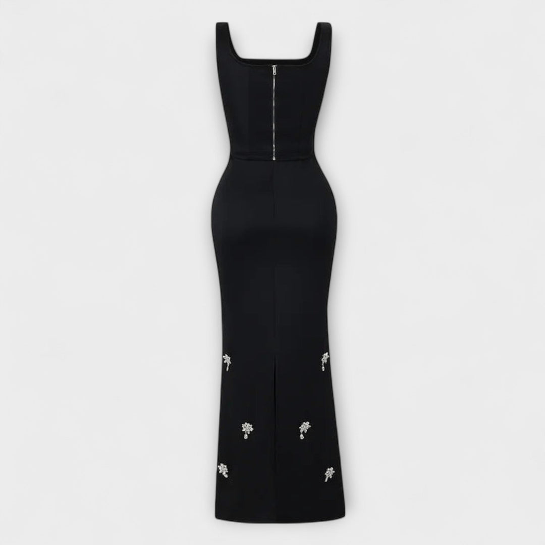 Aviane – Black Ensemble with Pearl Zipper Top and Skirt