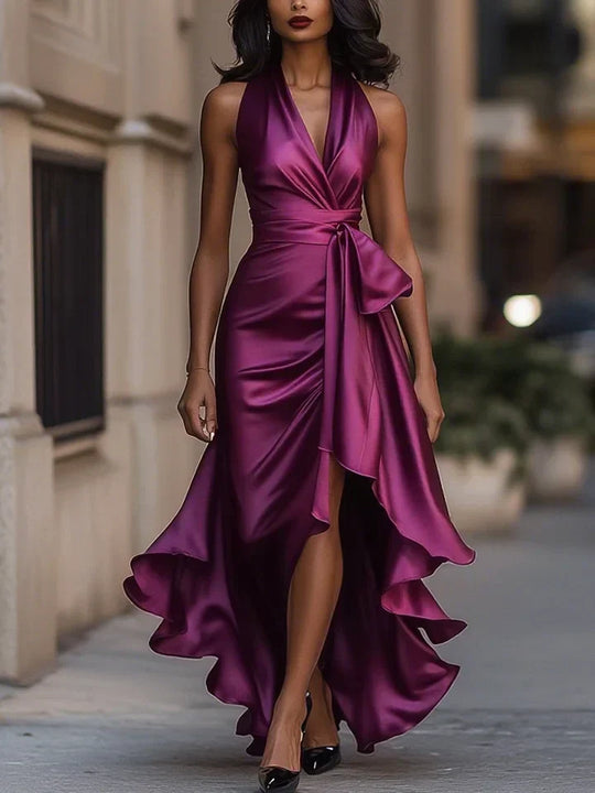 Darlene – Satin Halter Neck Ruffle Evening Gown for Women