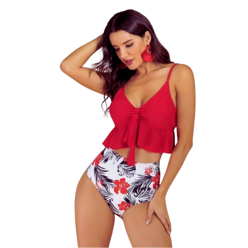 Veldra - Ruffle-Top High-Waist Bikini Set