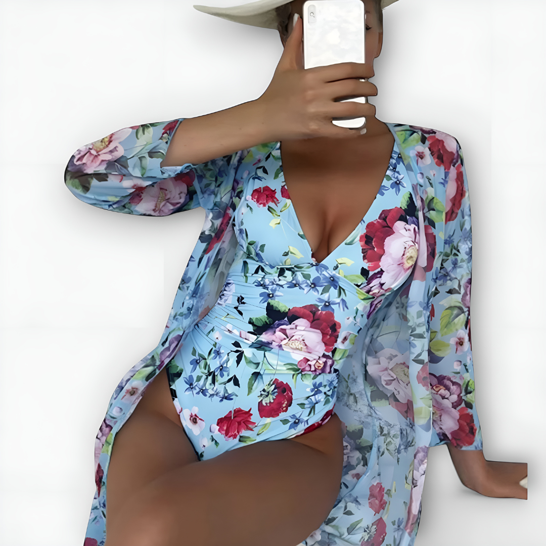 Githa– Floral Mesh Cover-Up Swimsuit Set for Women