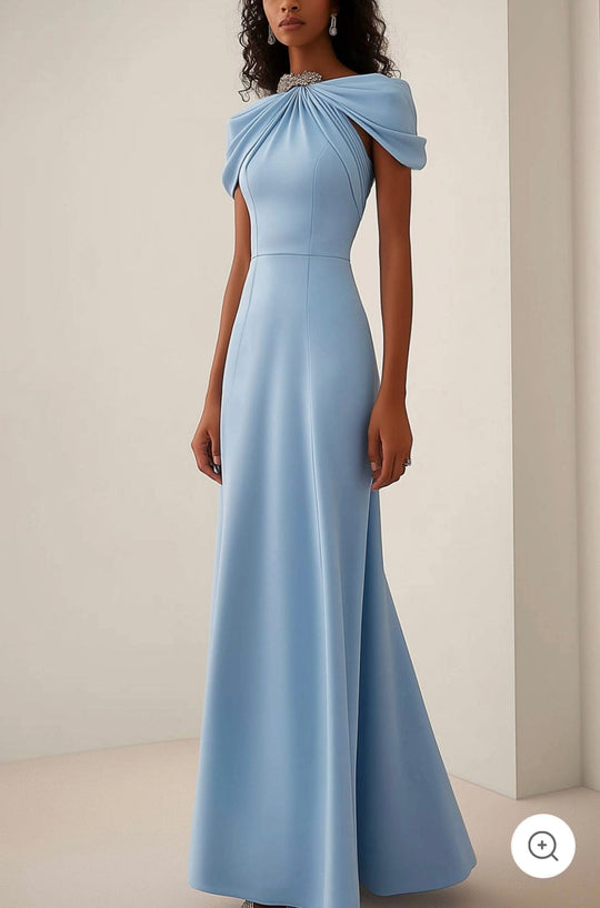 Annika – Soft Blue Draped Shoulder Gown