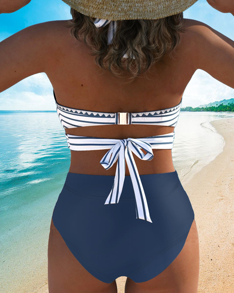 Nautisia – Stripe Wrap Bikini Set with High Waist