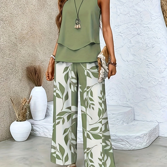 Ashtine – Sleeveless Leaf-Print Lounge Set for Women