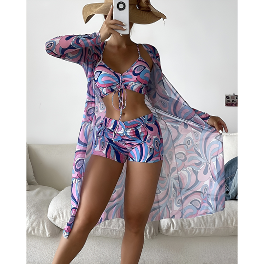 Adriana – Printed Mesh 3-Piece Beachwear Set for Women