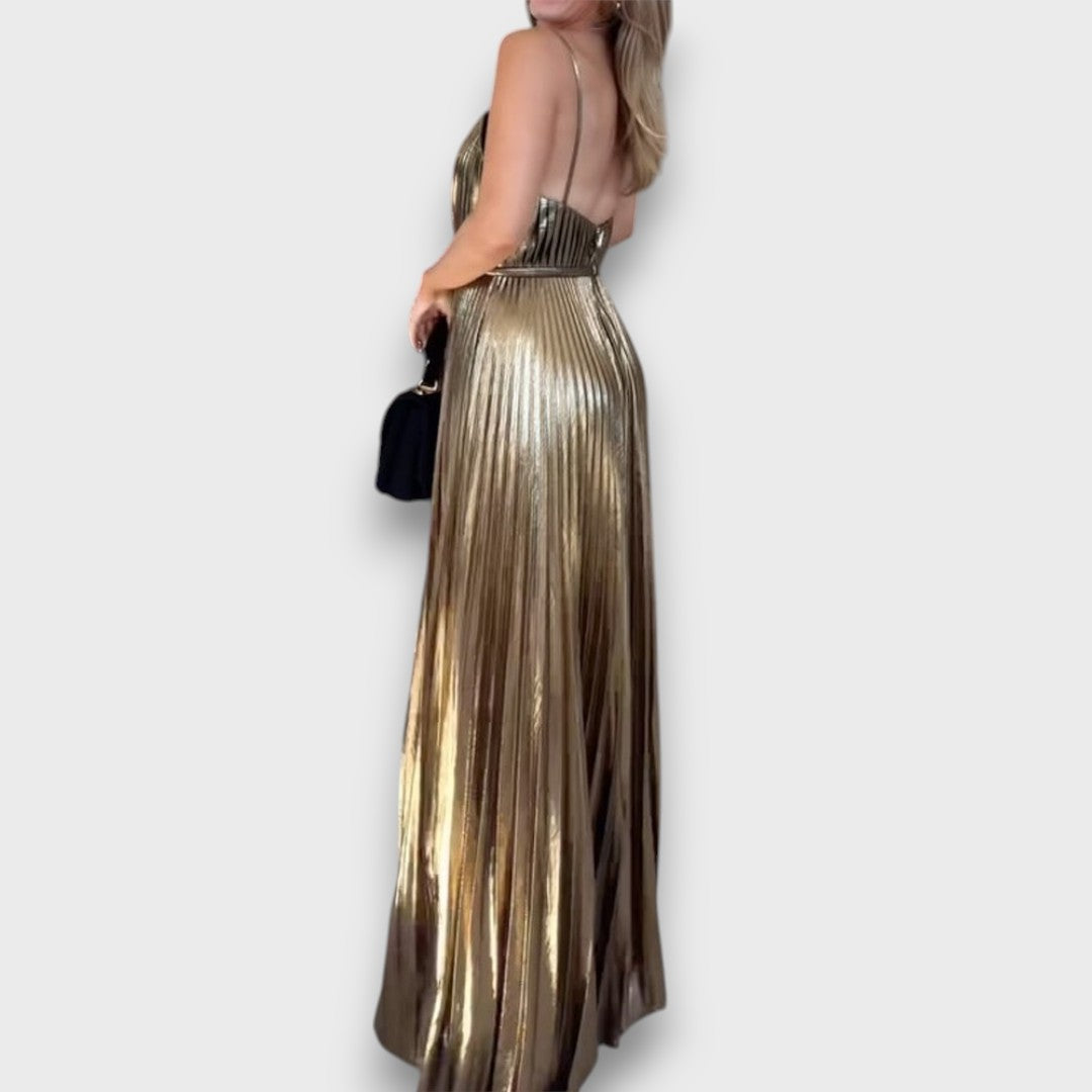 Aurora – Golden Pleated Dress with Deep Neckline