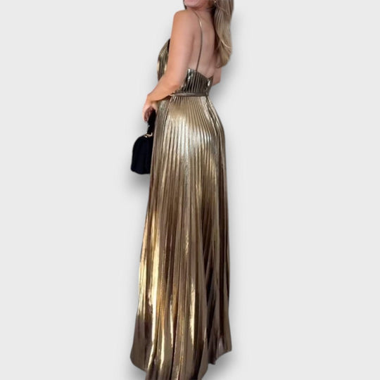 Aurora – Golden Pleated Dress with Deep Neckline