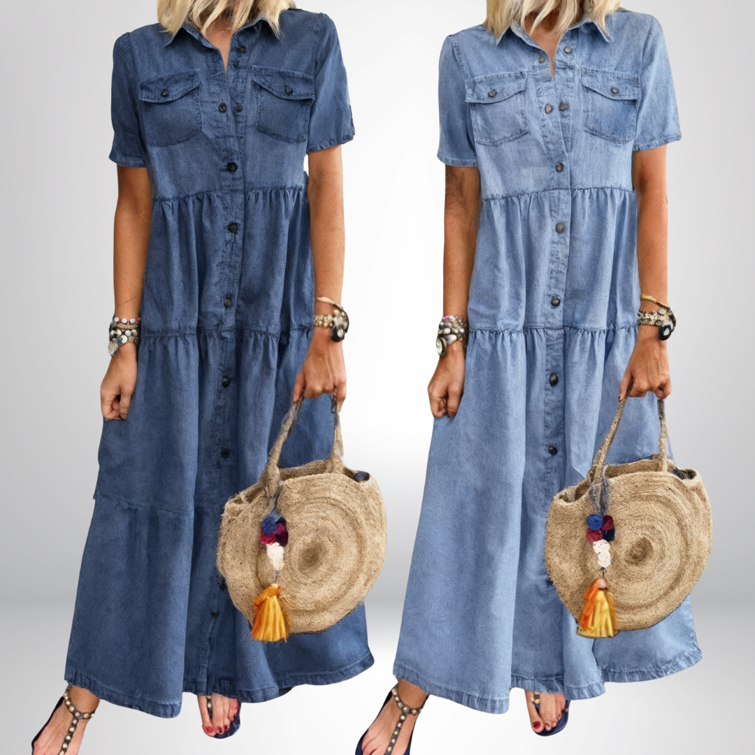 Halyna – Tiered Button-Down Maxi Denim Dress for Women
