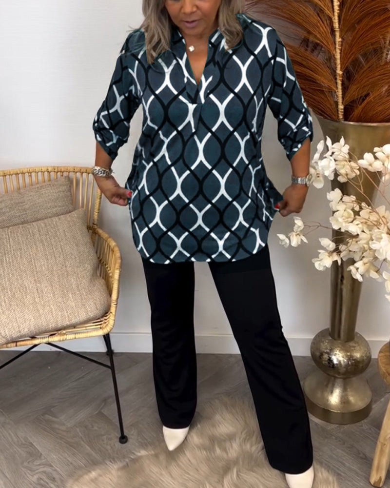 Embeth – Geometric Print V-Neck Blouse for Women