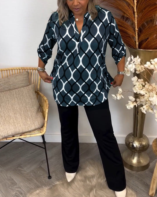 Embeth – Geometric Print V-Neck Blouse for Women