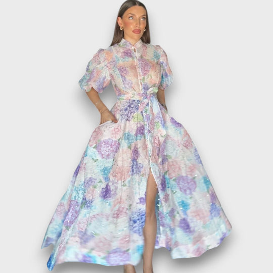 Celindra – Maxi Dress with Floral Texture and Tie Belt