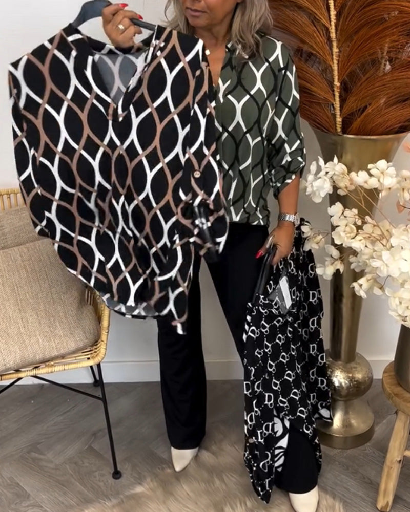 Embeth – Geometric Print V-Neck Blouse for Women
