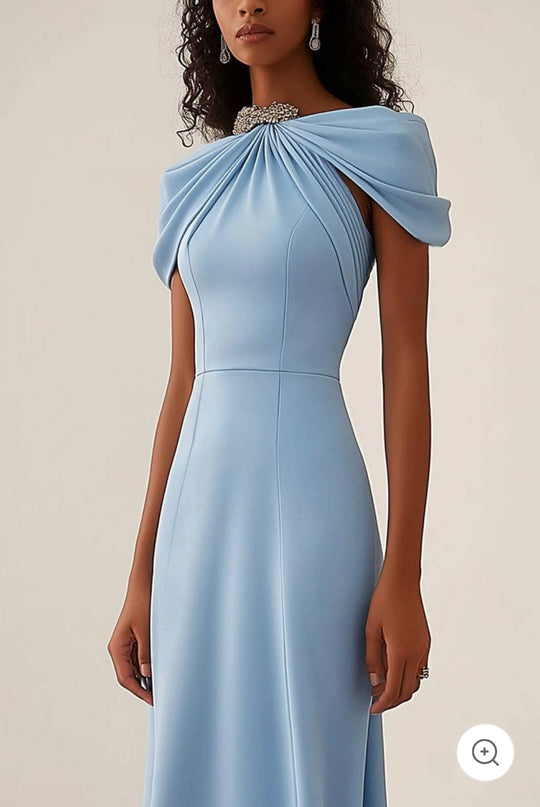 Annika – Soft Blue Draped Shoulder Gown