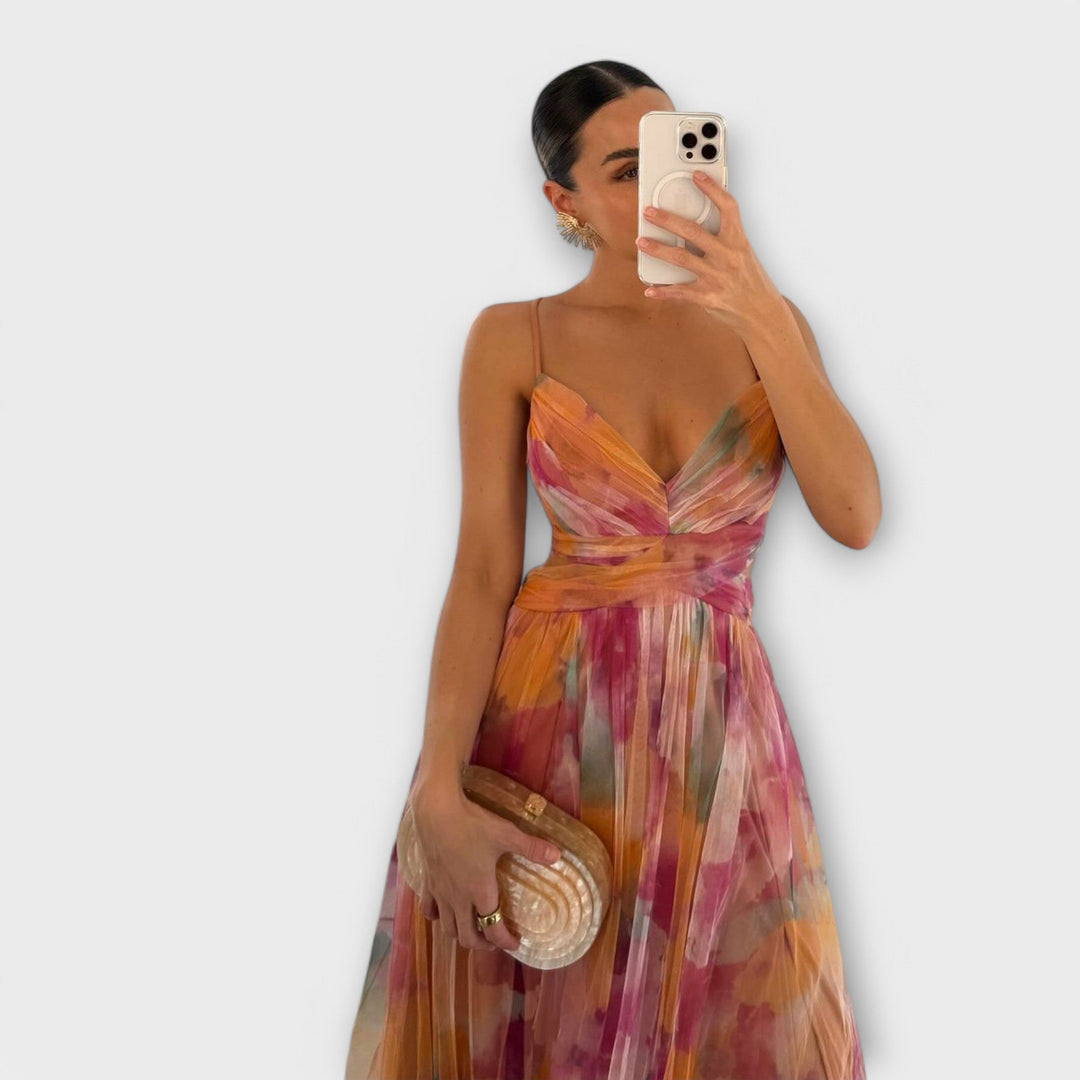 Elanee – Maxi Dress with Watercolor Print and Wrap Effect
