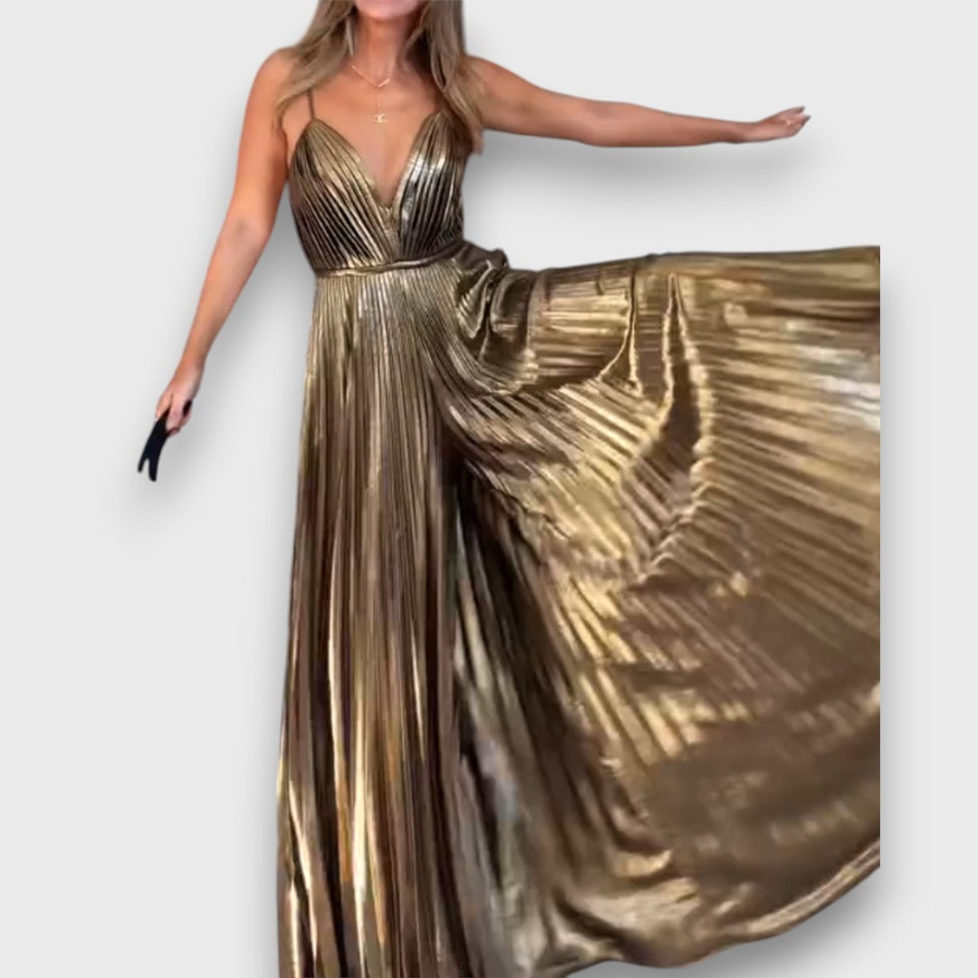 Aurora – Golden Pleated Dress with Deep Neckline