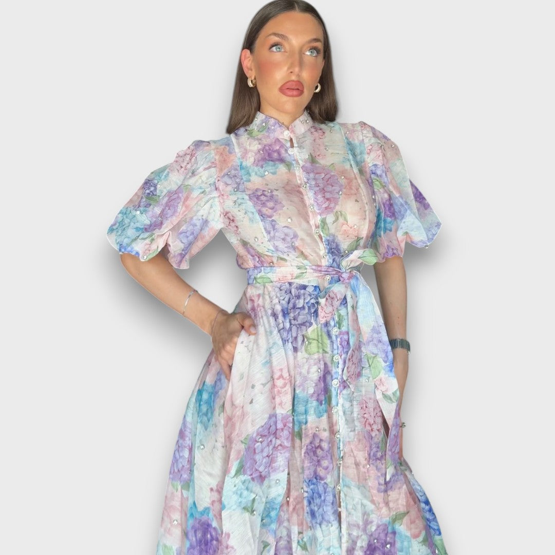 Celindra – Maxi Dress with Floral Texture and Tie Belt