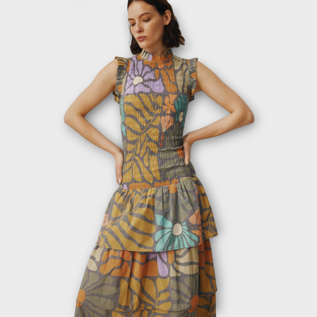 Yenora – Midi Dress with Smocked Bodice and Tiered Skirt