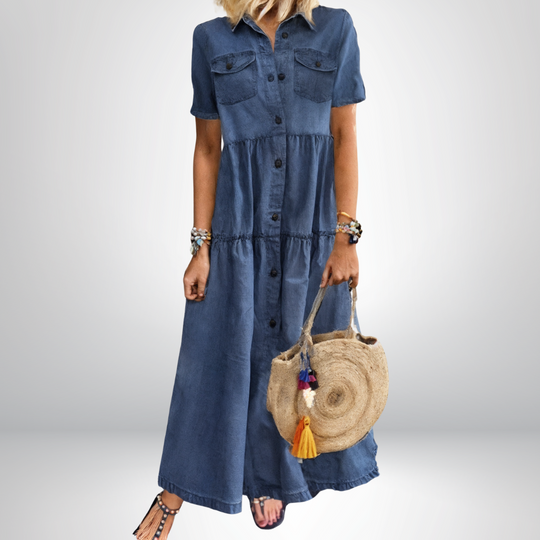 Halyna – Tiered Button-Down Maxi Denim Dress for Women