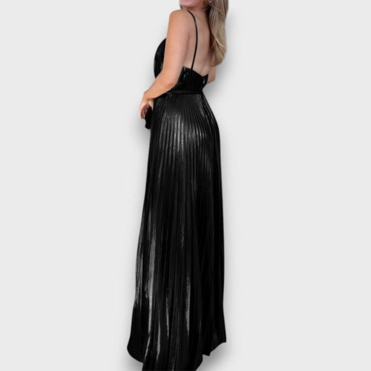 Aurora – Golden Pleated Dress with Deep Neckline
