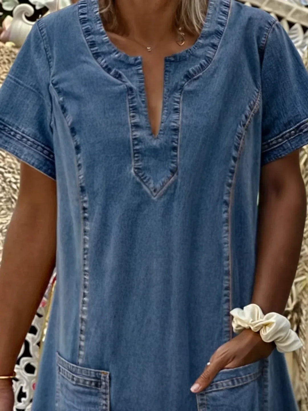 Devina – V-Neck Short Sleeve Denim Shift Dress for Women