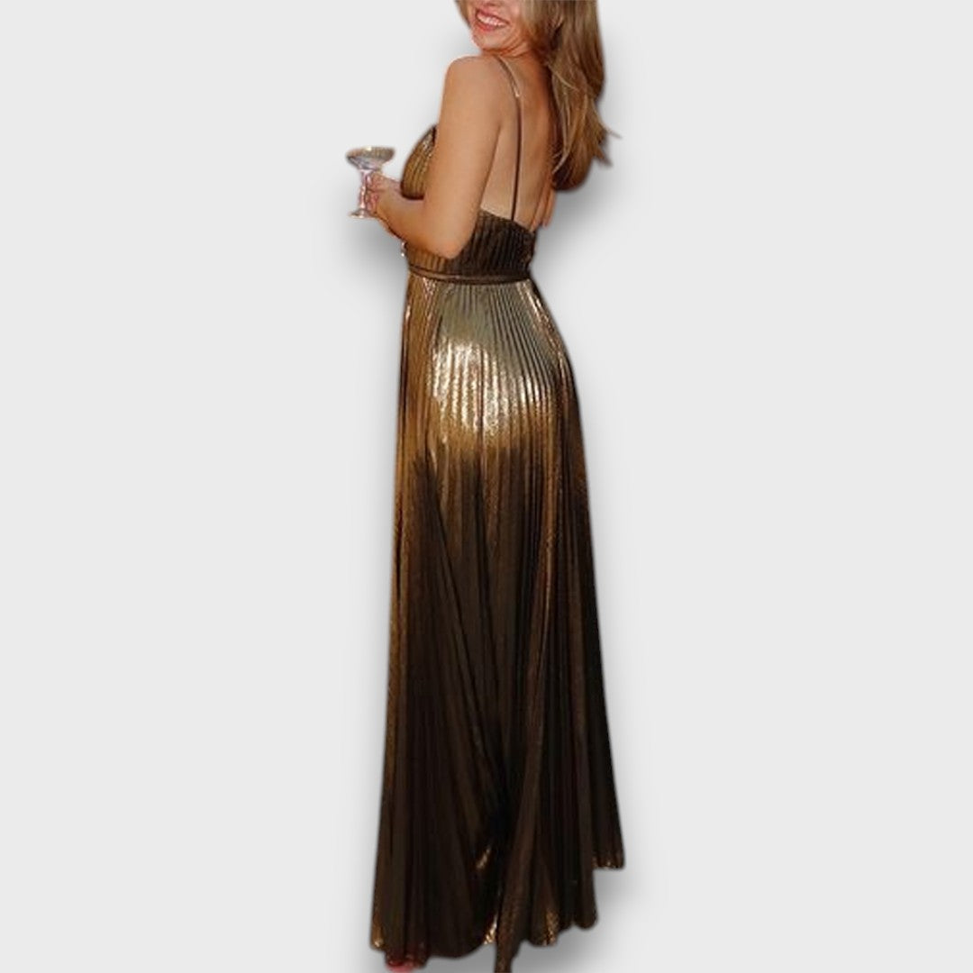 Aurora – Golden Pleated Dress with Deep Neckline