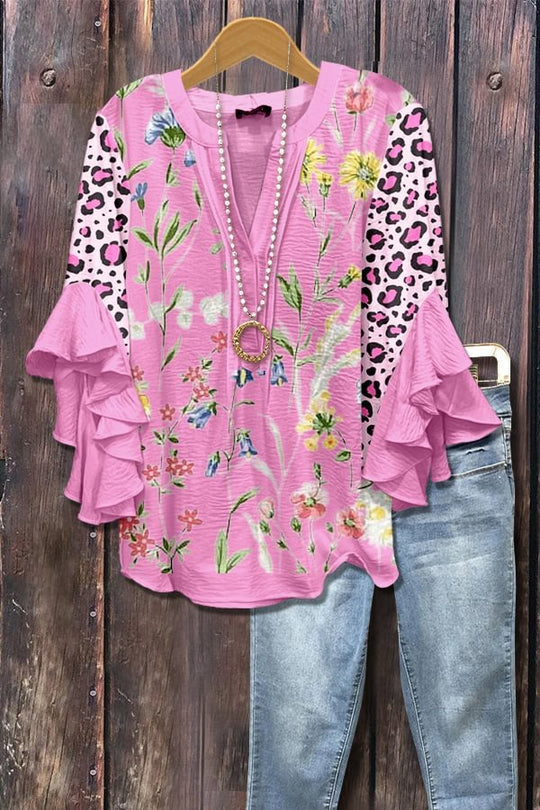 Azari – Floral & Leopard Ruffle Sleeve Blouse for Women
